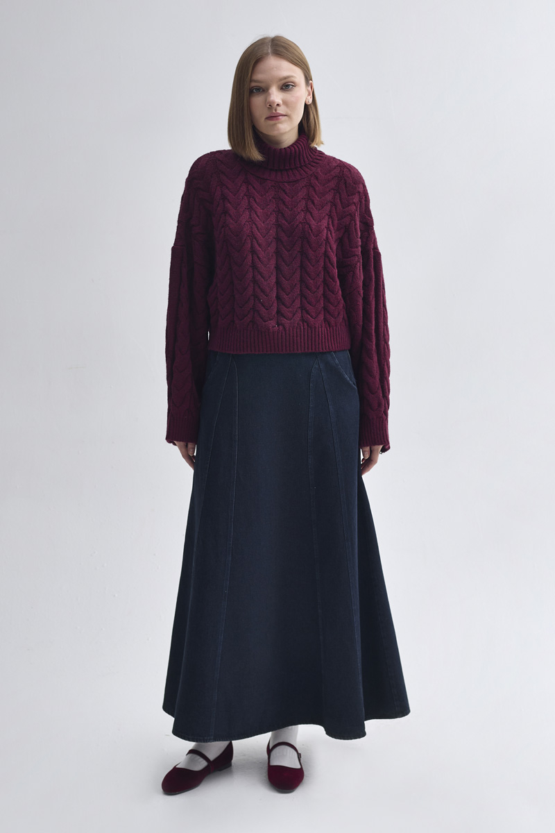 Panel Detailed Denim Skirt Dark Blue