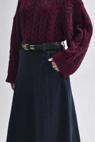 Panel Detailed Denim Skirt Dark Blue  - 3