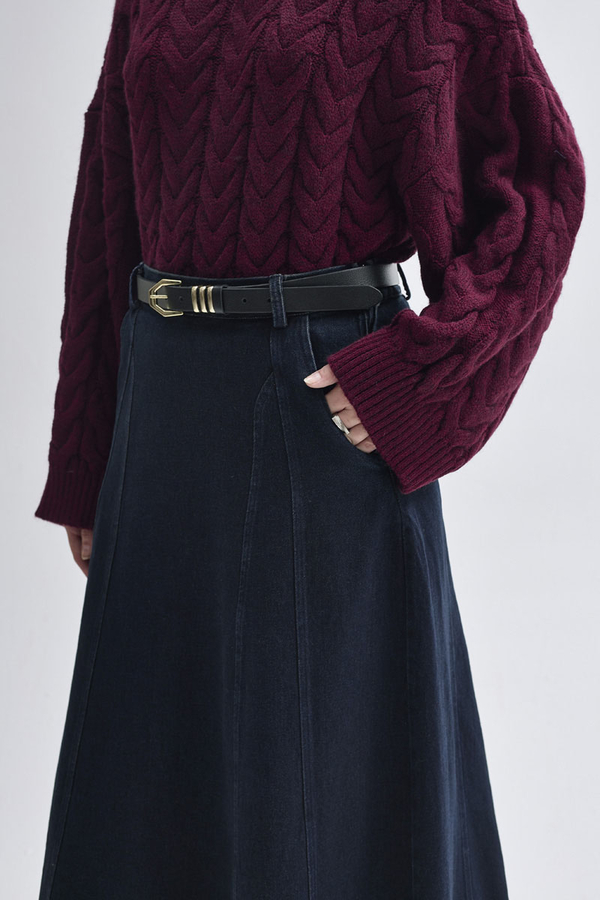 Panel Detailed Denim Skirt Dark Blue  - 3