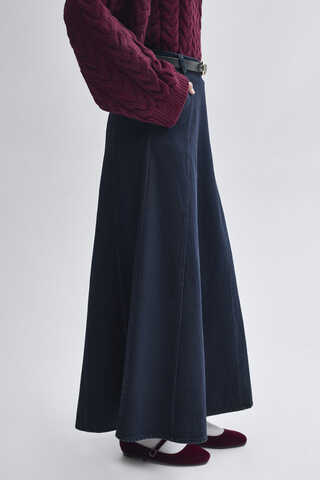 Panel Detailed Denim Skirt Dark Blue  - 4