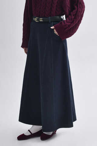 Panel Detailed Denim Skirt Dark Blue  - 2