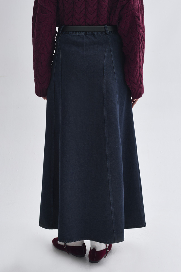 Panel Detailed Denim Skirt Dark Blue  - 7