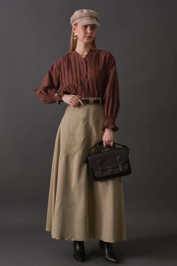 Paneled Suede Skirt Stone (1)