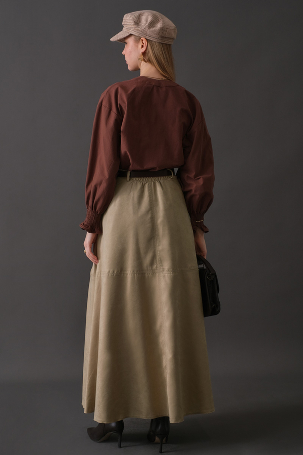 Paneled Suede Skirt Stone - 13