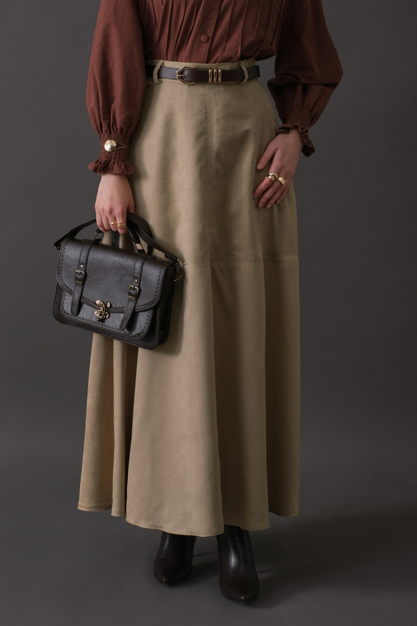 Paneled Suede Skirt Stone - 9