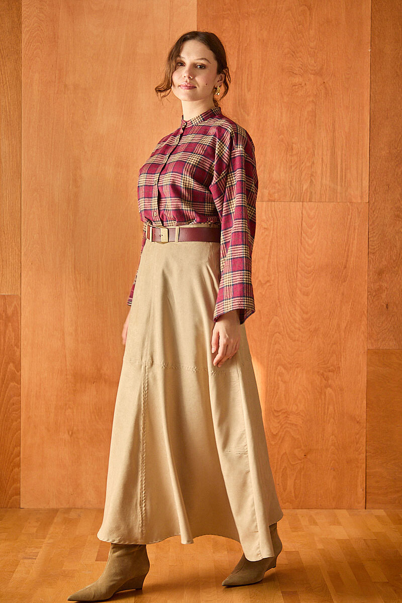 Paneled Suede Skirt Stone - 4