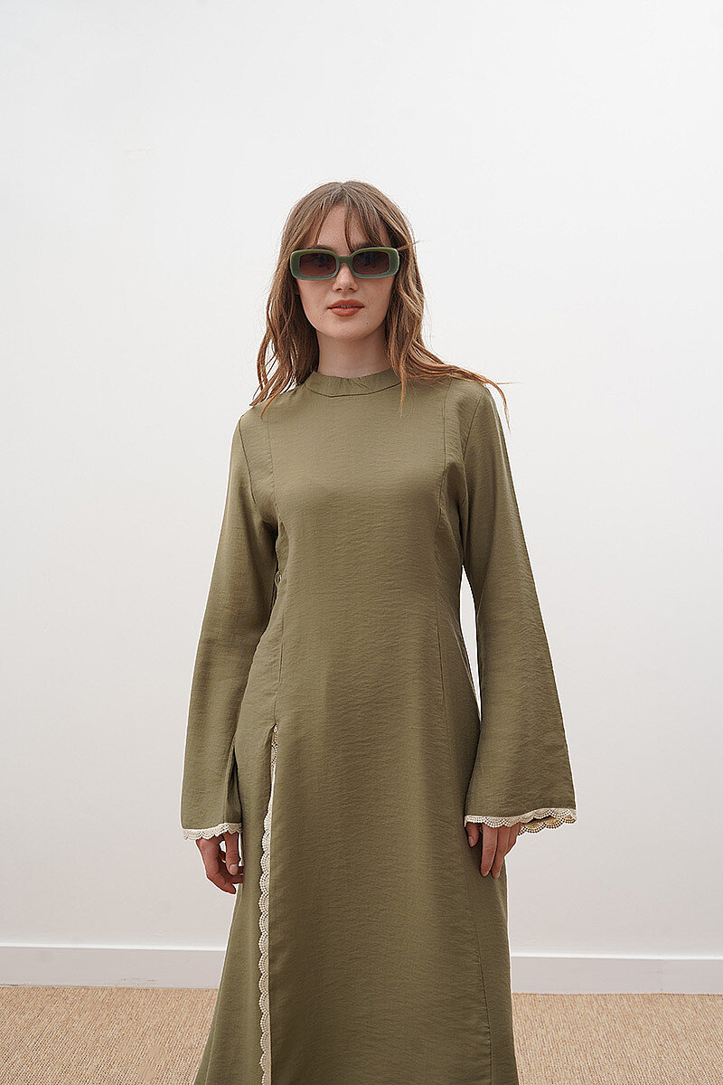 Pantolonlu Dantel Detaylı Elbise Haki - 2