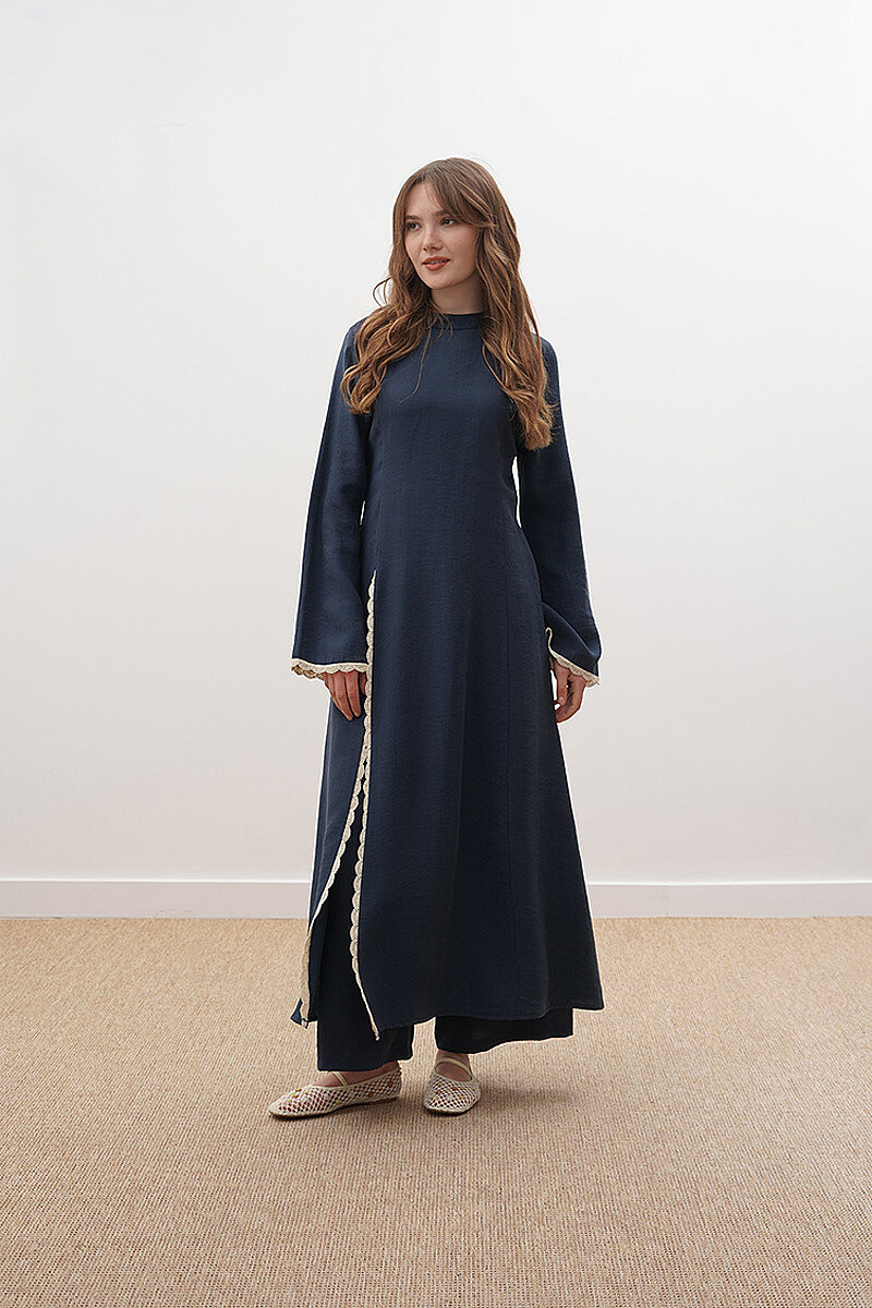 Pantolonlu Dantel Detaylı Elbise Lacivert - 3