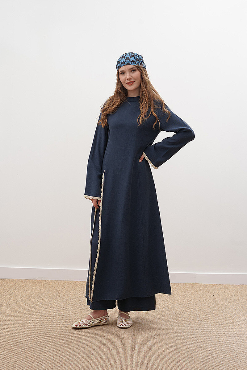 Pantolonlu Dantel Detaylı Elbise Lacivert - 5