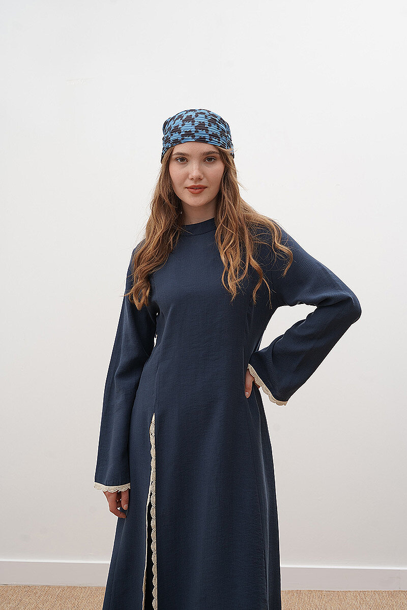 Pantolonlu Dantel Detaylı Elbise Lacivert - 6