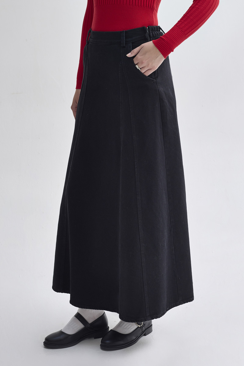 Parça Detaylı Denim Etek Siyah