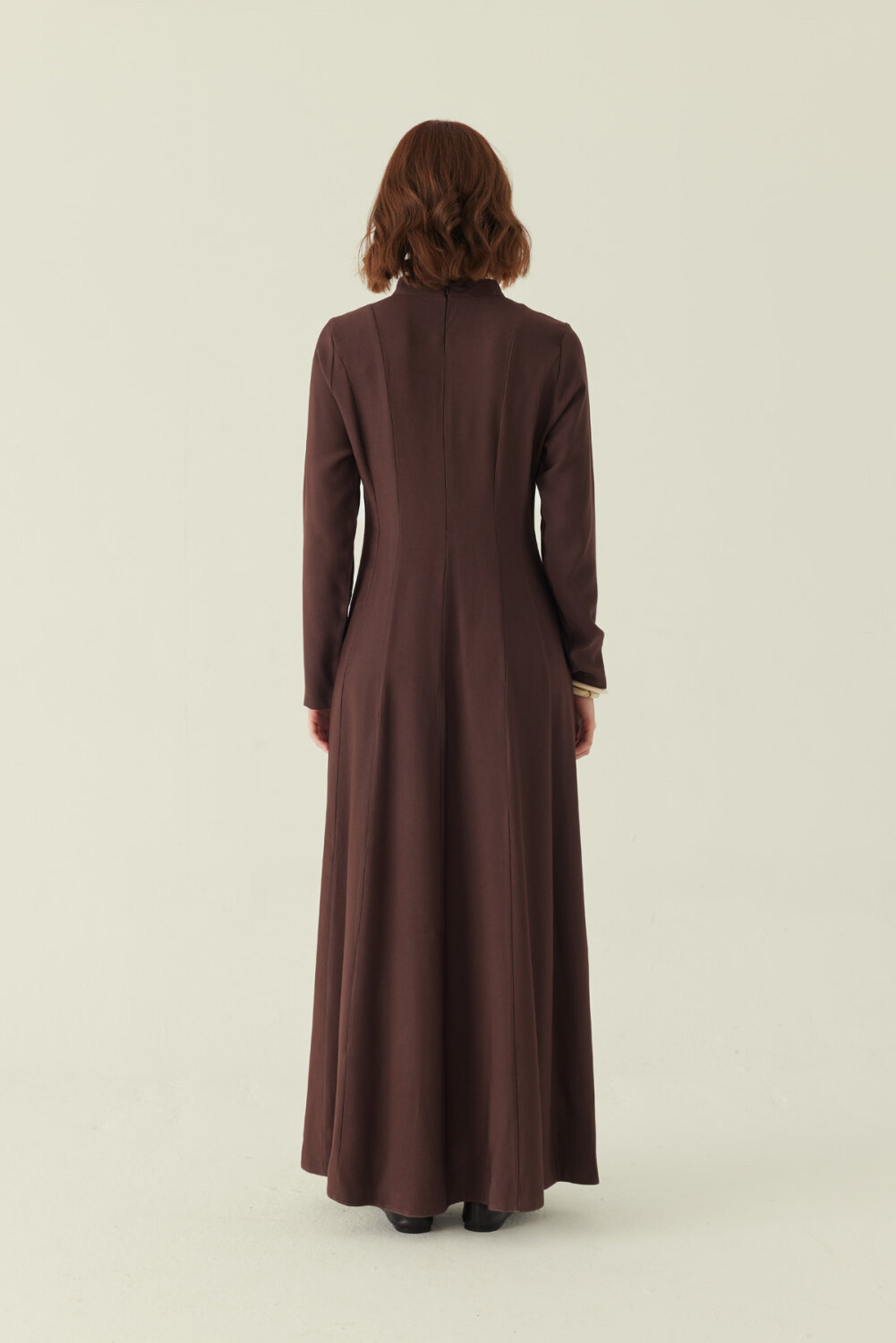 Parça Dikişli Tensel Elbise Kahverengi - 3