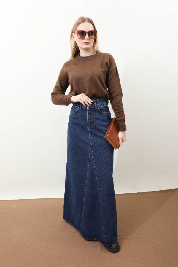 Parçalı Denim Etek Koyu Mavi - 2