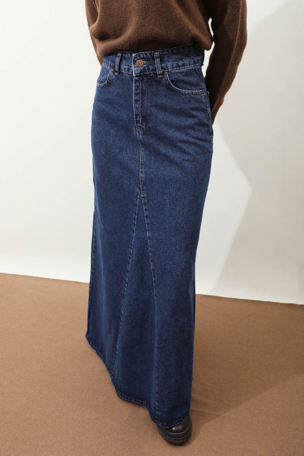 Parçalı Denim Etek Koyu Mavi - 3