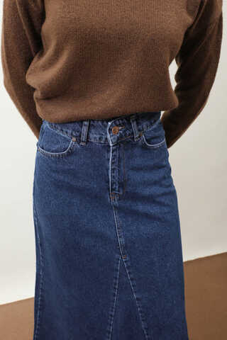 Parçalı Denim Etek Koyu Mavi - 4