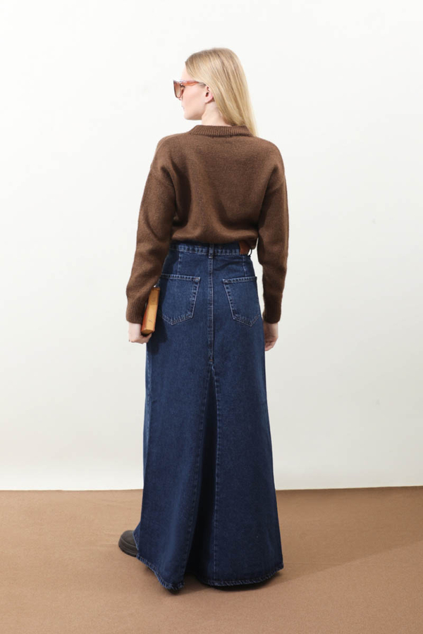 Parçalı Denim Etek Koyu Mavi - 9