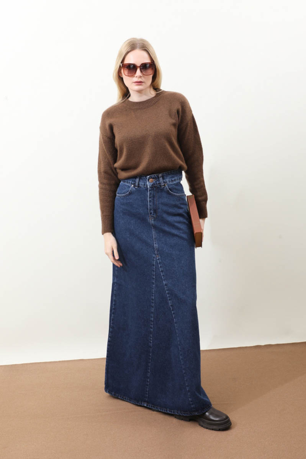 Parçalı Denim Etek Koyu Mavi - 6