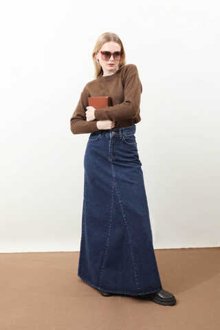 Parçalı Denim Etek Koyu Mavi - 1