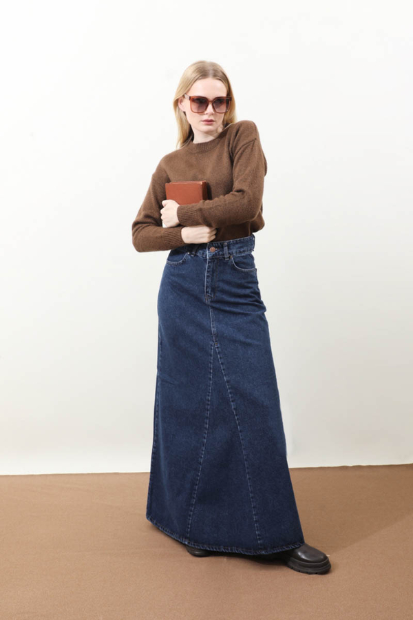 Parçalı Denim Etek Koyu Mavi - 1