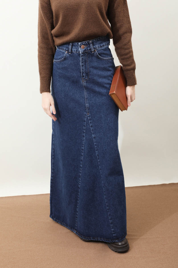 Parçalı Denim Etek Koyu Mavi - 7