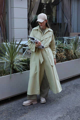 Parçalı Kloş Trençkot Avokado - 1