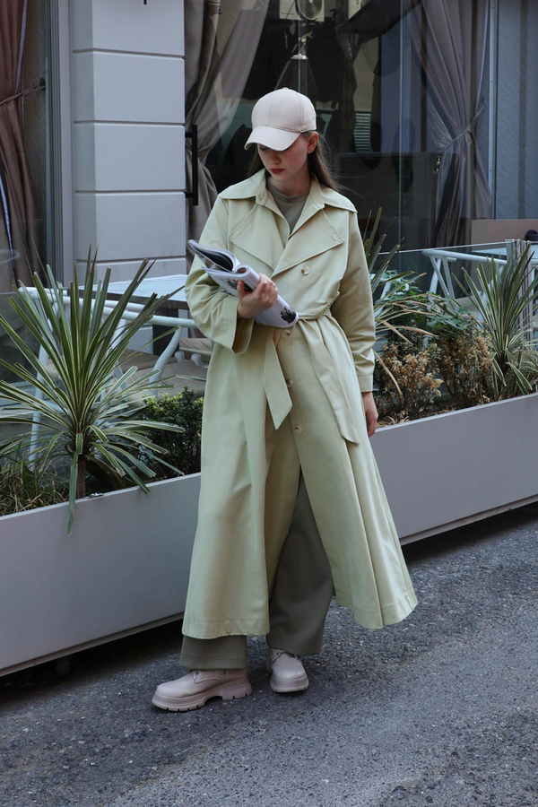 Parçalı Kloş Trençkot Avokado - 1