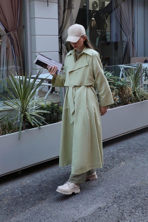 Parçalı Kloş Trençkot Avokado - 2