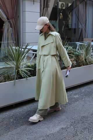 Parçalı Kloş Trençkot Avokado - 3