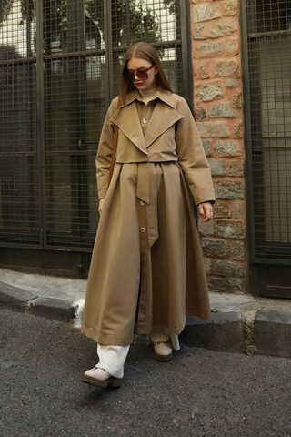 Parçalı Kloş Trençkot Camel - 3