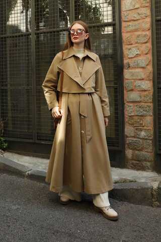 Parçalı Kloş Trençkot Camel - 2