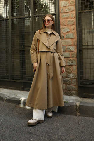 Parçalı Kloş Trençkot Camel - 1