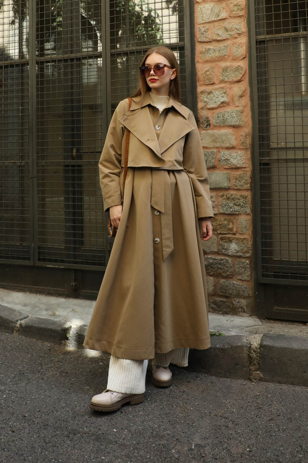 Parçalı Kloş Trençkot Camel - 1
