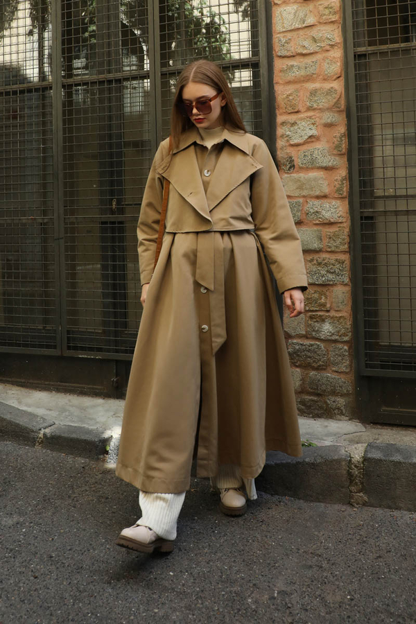 Parçalı Kloş Trençkot Camel - 3