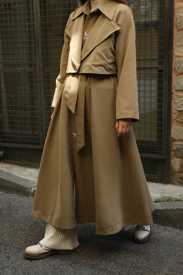 Parçalı Kloş Trençkot Camel - 4