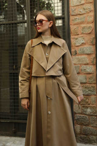 Parçalı Kloş Trençkot Camel - 5