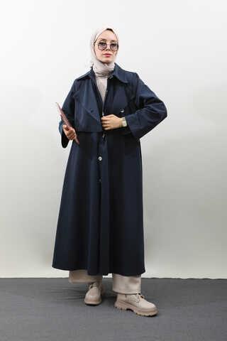 Parçalı Kloş Trençkot Koyu Lacivert - 2