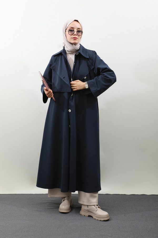 Parçalı Kloş Trençkot Koyu Lacivert - 2