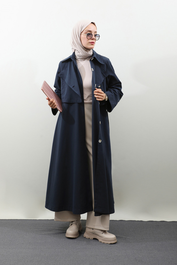 Parçalı Kloş Trençkot Koyu Lacivert - 3