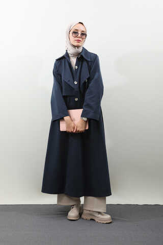 Parçalı Kloş Trençkot Koyu Lacivert - 4