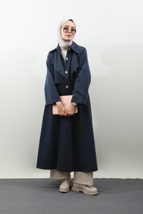 Parçalı Kloş Trençkot Koyu Lacivert - 4