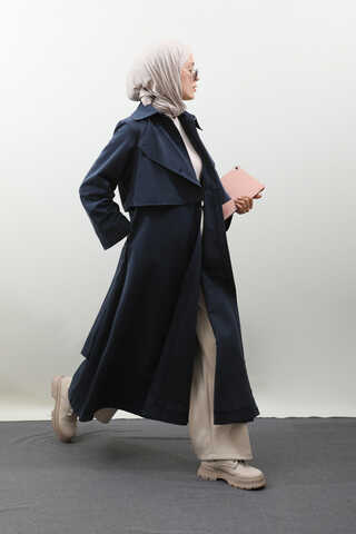 Parçalı Kloş Trençkot Koyu Lacivert - 5