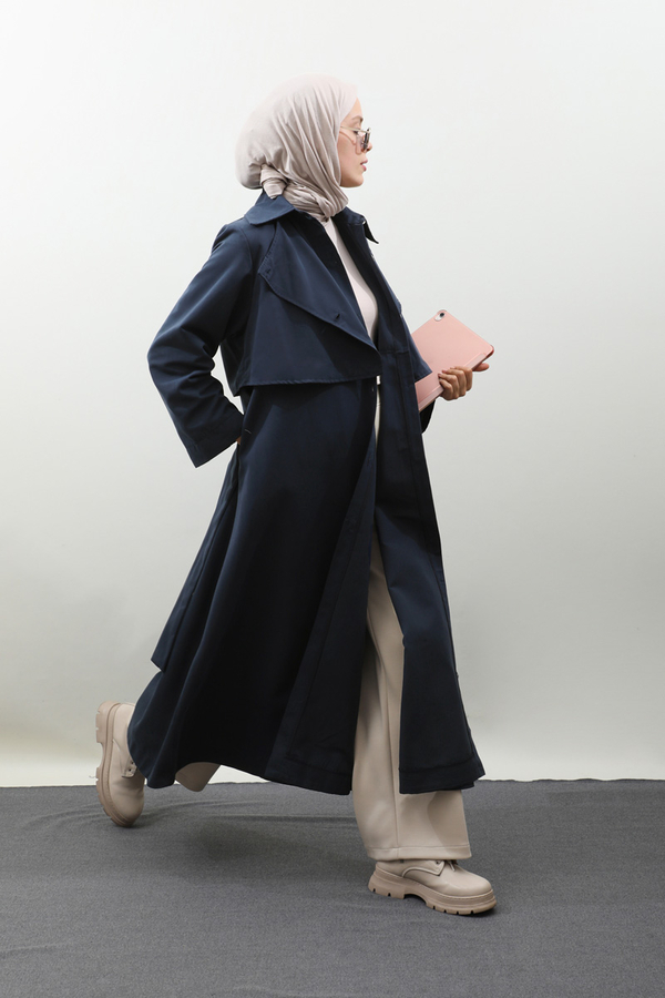 Parçalı Kloş Trençkot Koyu Lacivert - 5