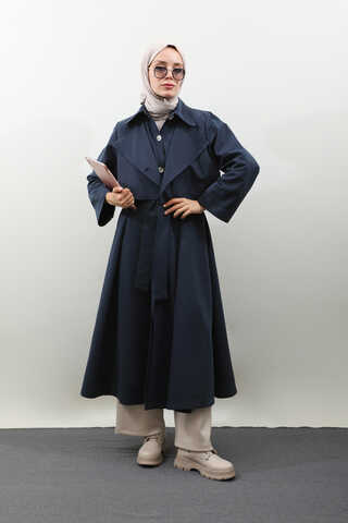 Parçalı Kloş Trençkot Koyu Lacivert - 1