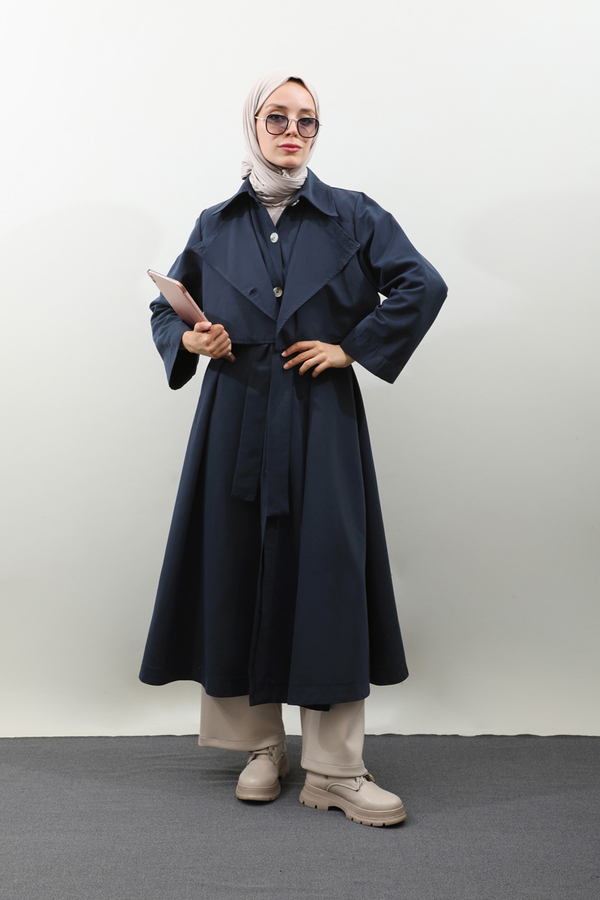 Parçalı Kloş Trençkot Koyu Lacivert - 1