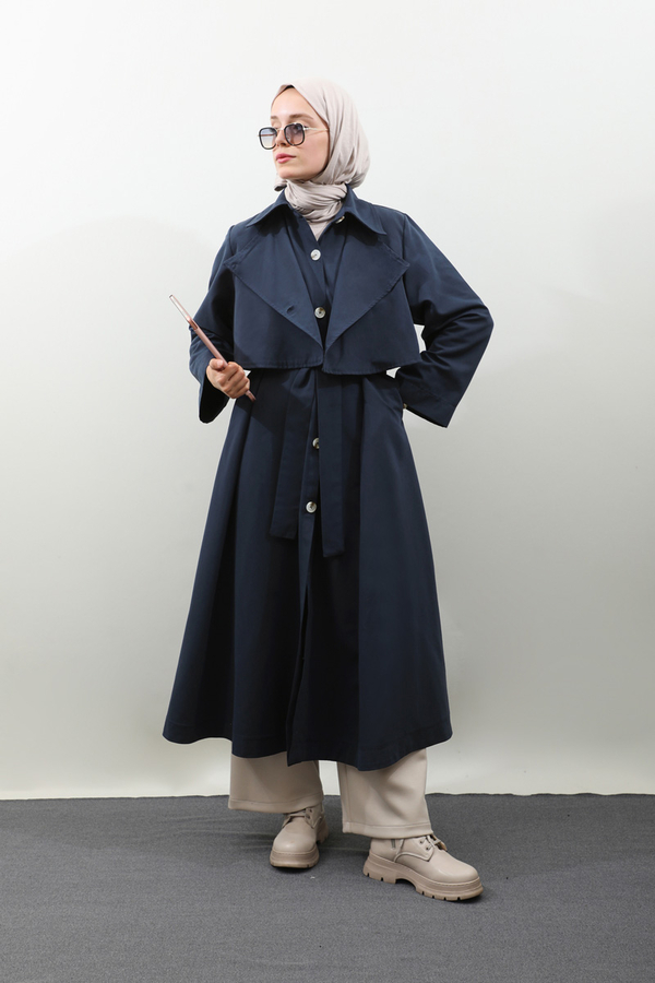 Parçalı Kloş Trençkot Koyu Lacivert - 6