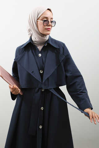Parçalı Kloş Trençkot Koyu Lacivert - 7