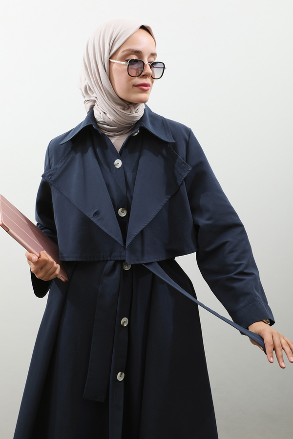 Parçalı Kloş Trençkot Koyu Lacivert - 7