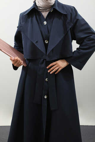 Parçalı Kloş Trençkot Koyu Lacivert - 8