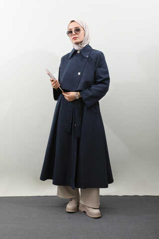Parçalı Kloş Trençkot Koyu Lacivert - 9