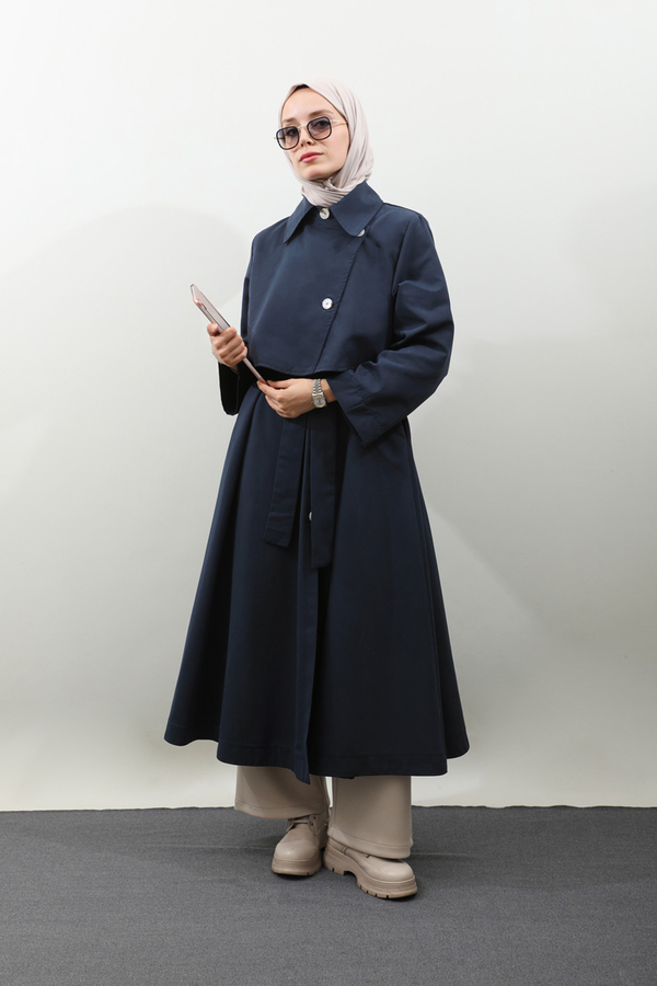 Parçalı Kloş Trençkot Koyu Lacivert - 9